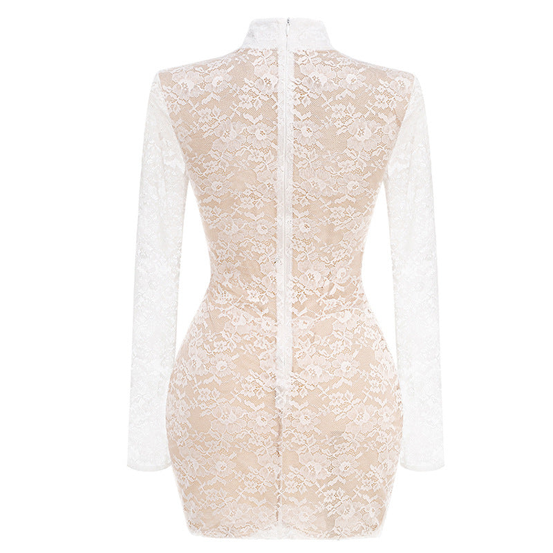 LACE JACQUARD FISHBONE BODYCON WHITE MINI DRESS