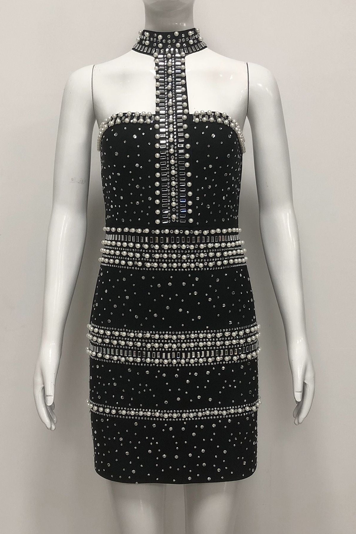 NELLY PEARL RHINESTONE HALTER MINI DRESS BLACK