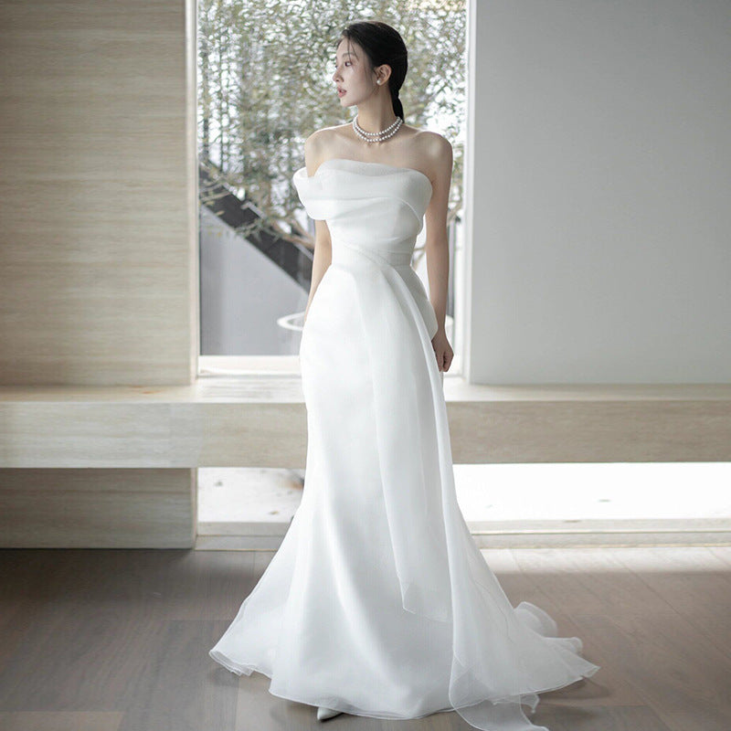 ELEGANT WHITE FRENCH ONE-SHOULDER MERMAID MAXI DRESS