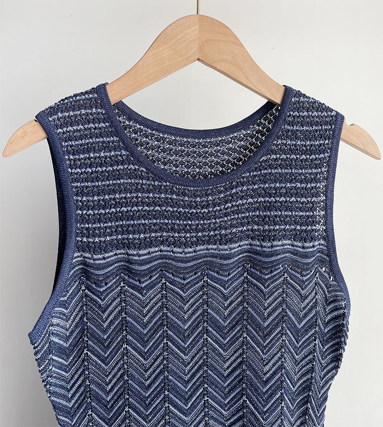 HOLLOW STRIPED SLEEVELESS KNIT MIDI DRESS, ROYAL BLUE