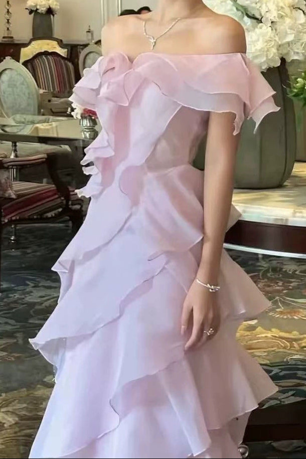 OFF SHOULDER RUFFLE CHIFFON MAXI EVENING GOWN