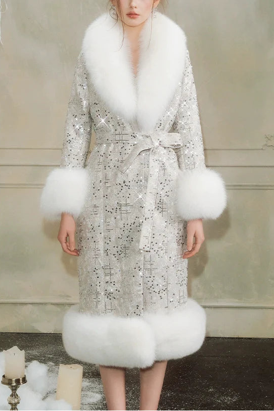 Sliver Tie Long Sleeve Long Fur Autumn Coat