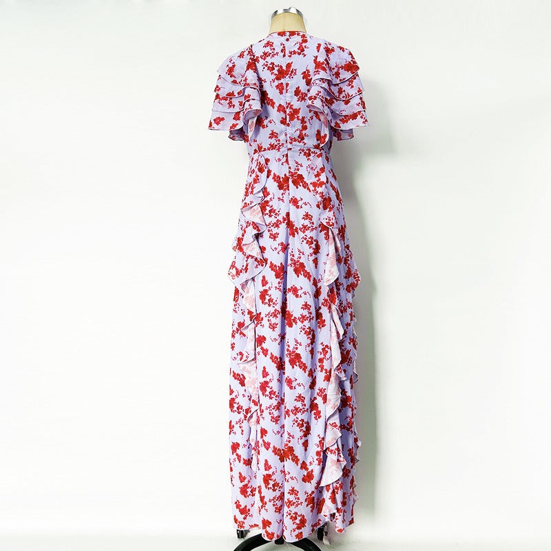 MULTICOLOR FLORAL CHIFFON RUFFLE MAXI DRESS