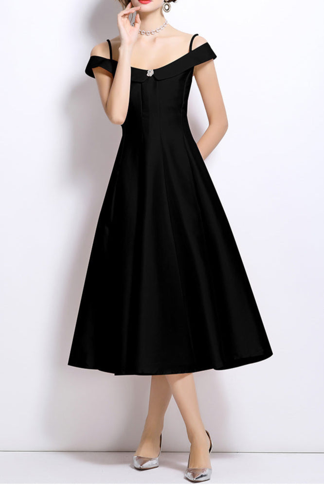 MEROY OFF-SHOULDER SATIN MIDI DRESS BLACK