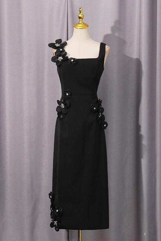 SABRINA 3D FLOWER BLACK MIDI DRESS FOR WEDDING