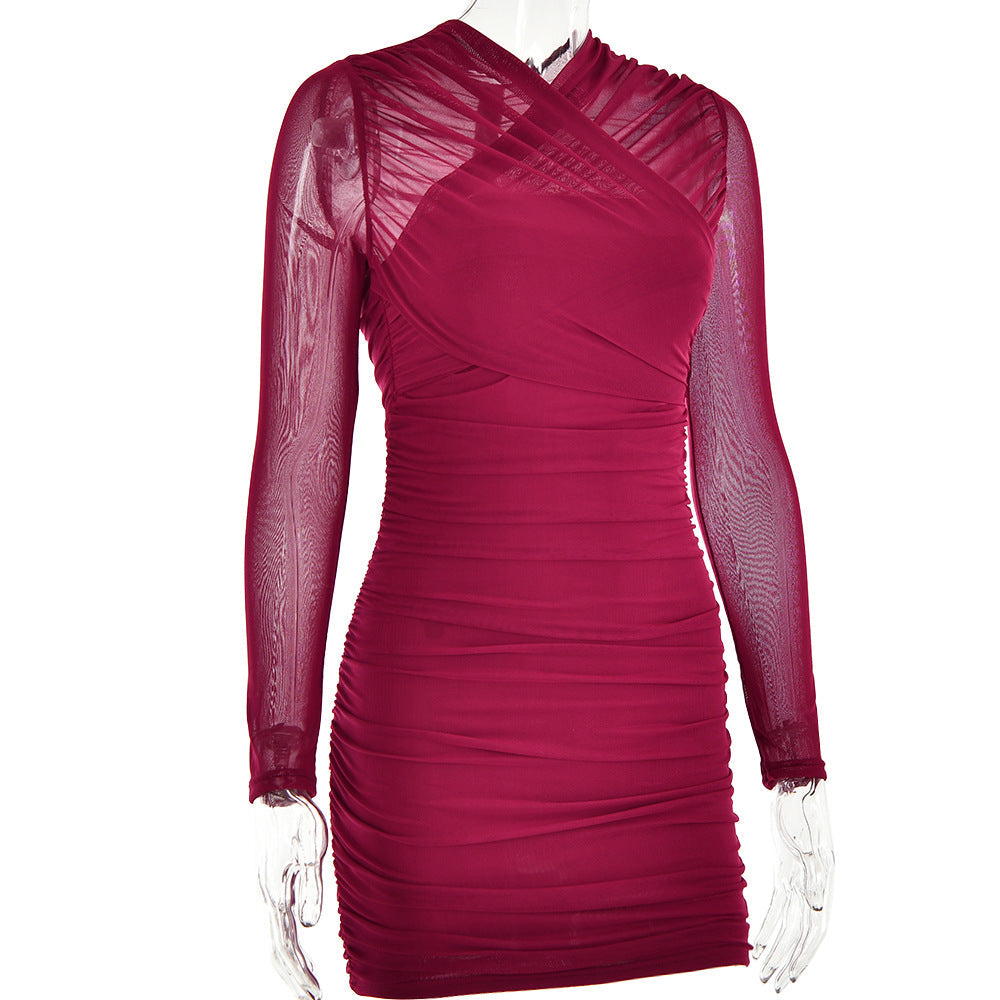 LONG SLEEVE RUCHED MESH WINE COCKTAIL DRESS