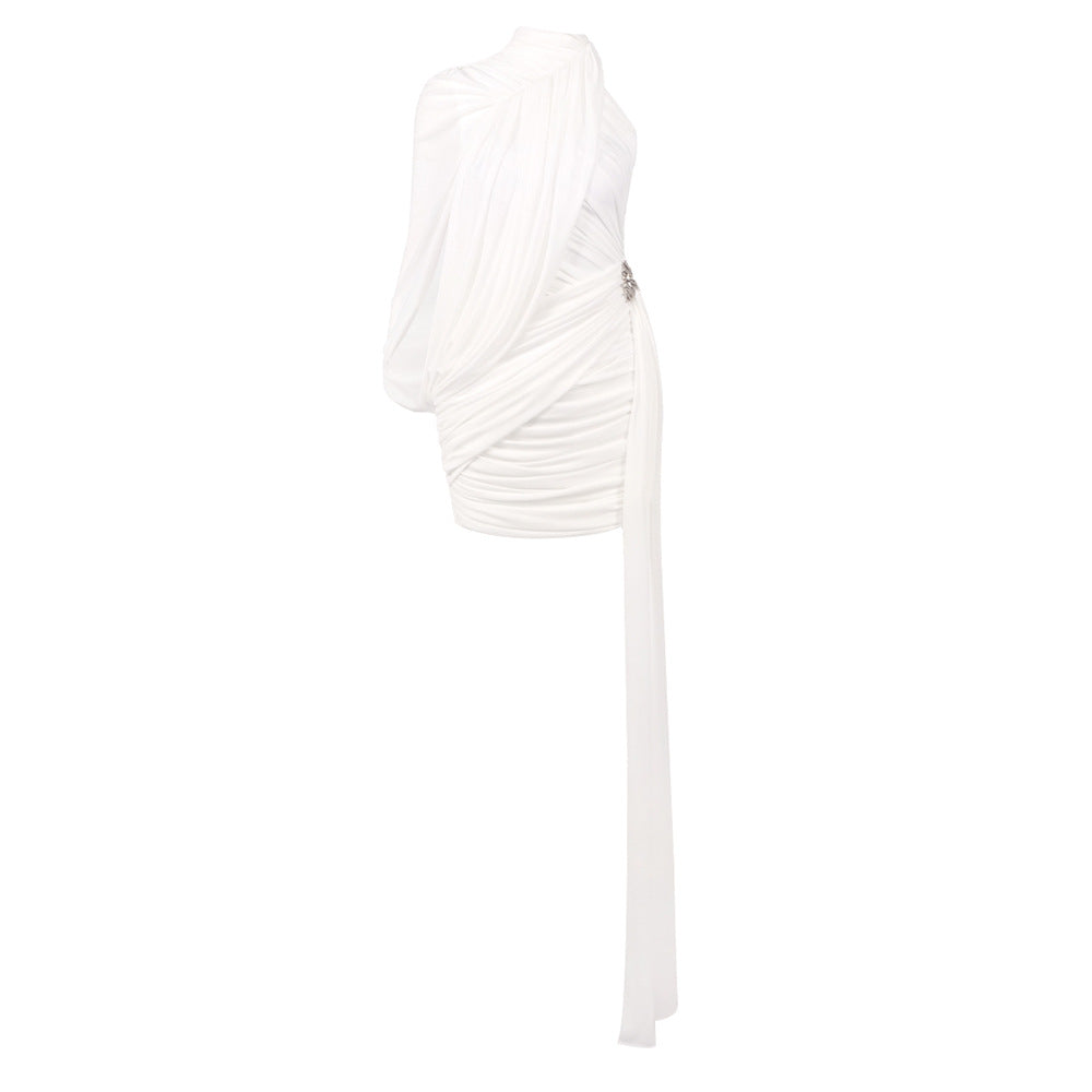 OFF-SHOULDER BODYCON MINI DRESS, PLEATED RIBBON, WHITE