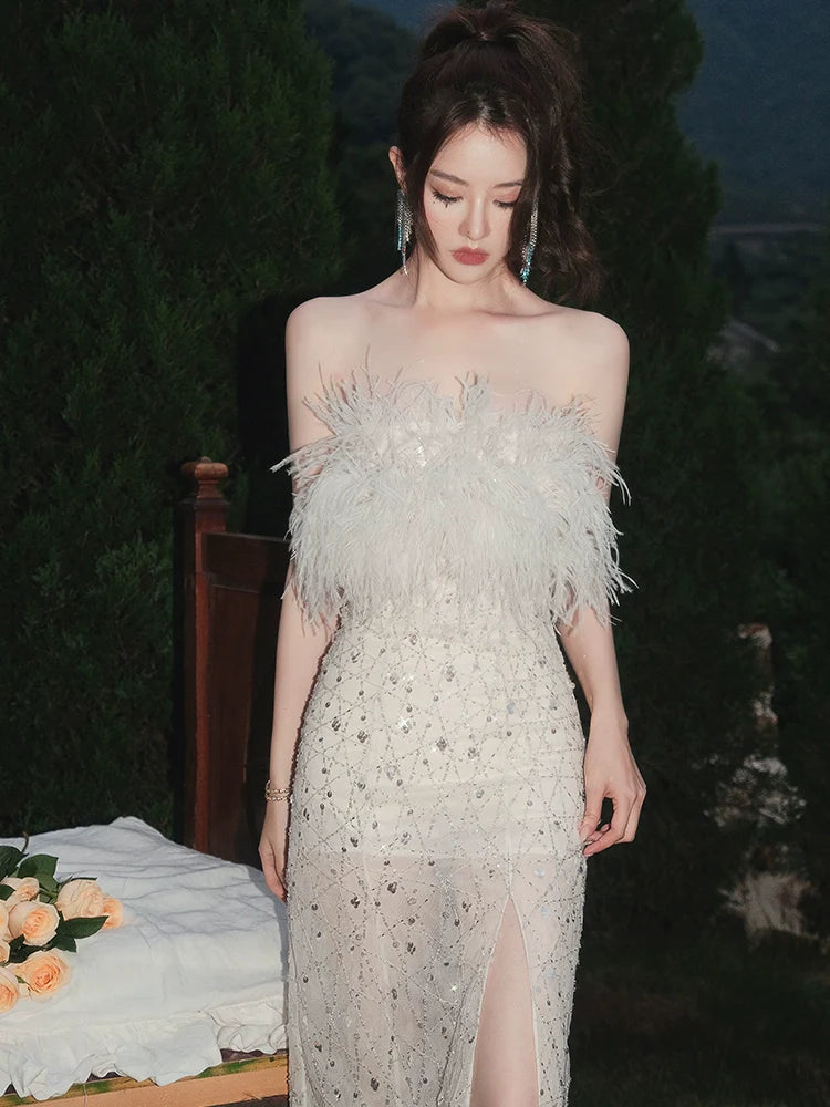 HAUTE COUTURE WHITE FEATHER SEQUIN DRESS