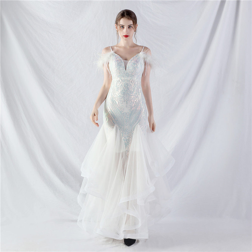 FEATHER SEQUIN STRAPLESS TULLE MAXI DRESS