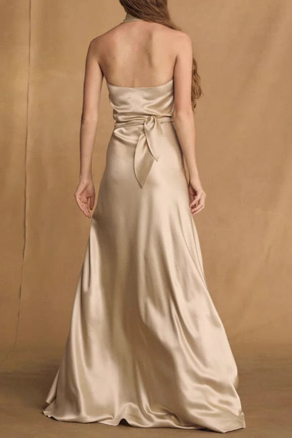 KAY CHAMPAGNE SATIN HALTER MAXI DRESS