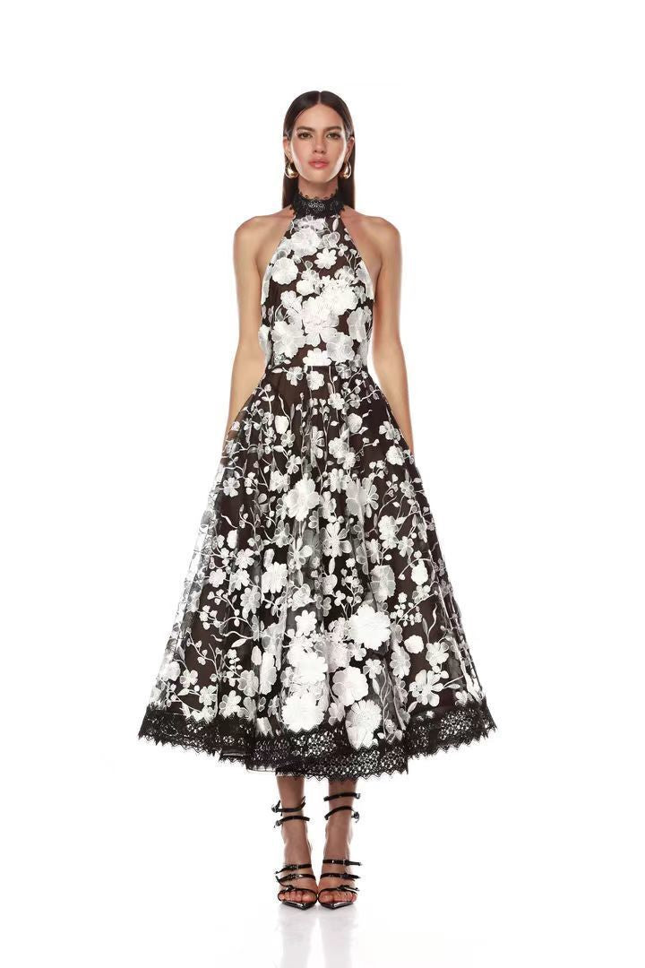 ALYSSA BLACK HALTER FLORAL EMBROIDERED MIDI DRESS