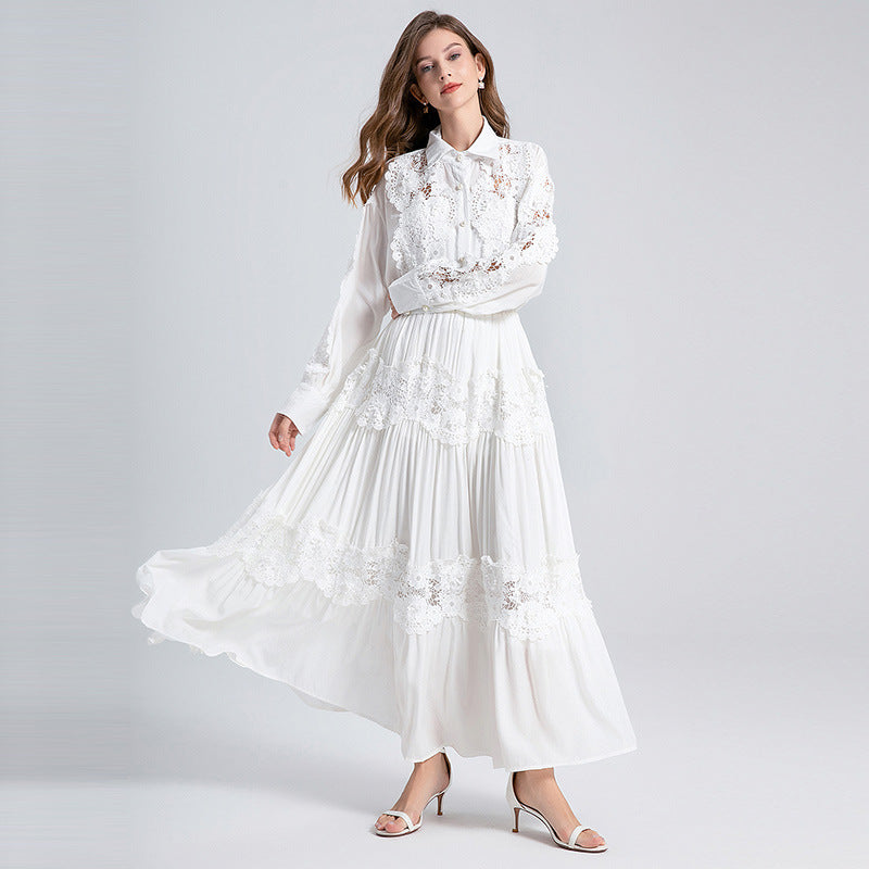 HOLLOW LACE MIDI DRESS WITH FLAPPED SPLICING IN WHITE
