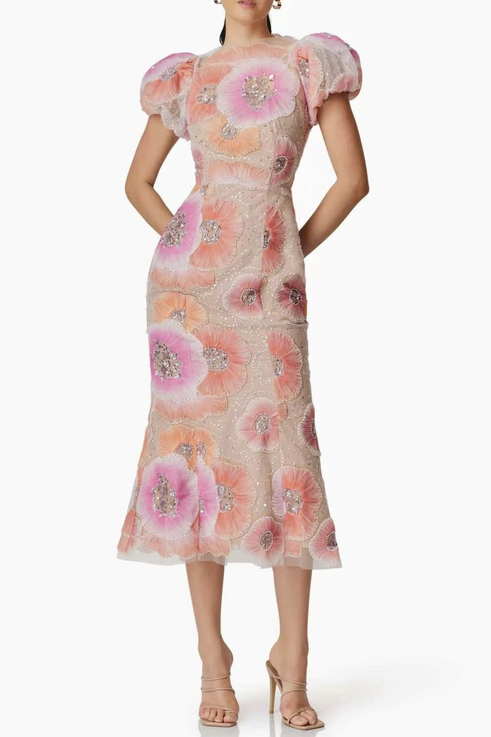 LYDIA PUFF SLEEVE FLORAL MIDI DRESS PINK
