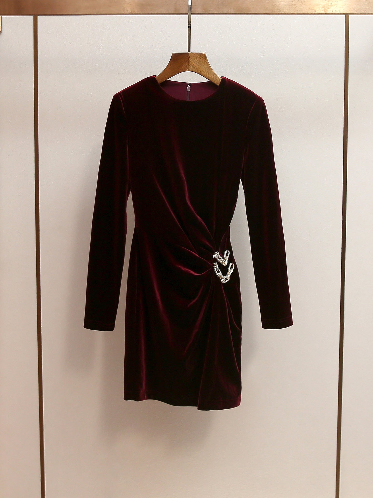 YVETTE BURGUNDY VELVET EMBELLISHED MINI PARTY DRESS