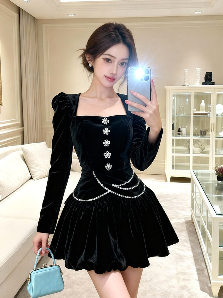 VANESSA BLACK VELVET SQUARE NECK RHINESTONE MINI DRESS