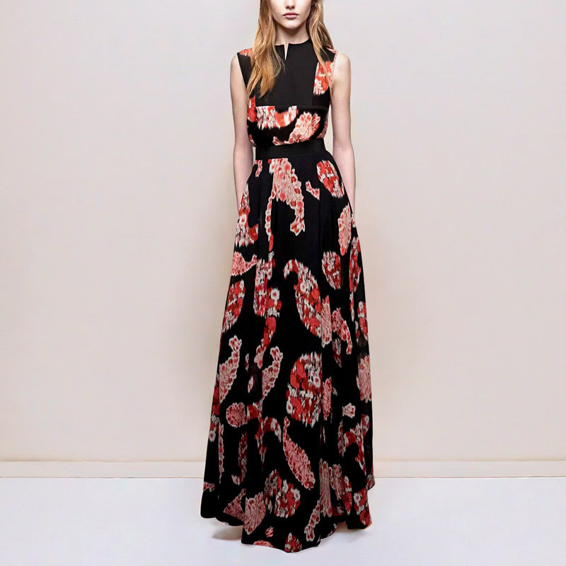 BLACK PRINTED V-NECK SLEEVELESS MAXI DRESS CASUAL