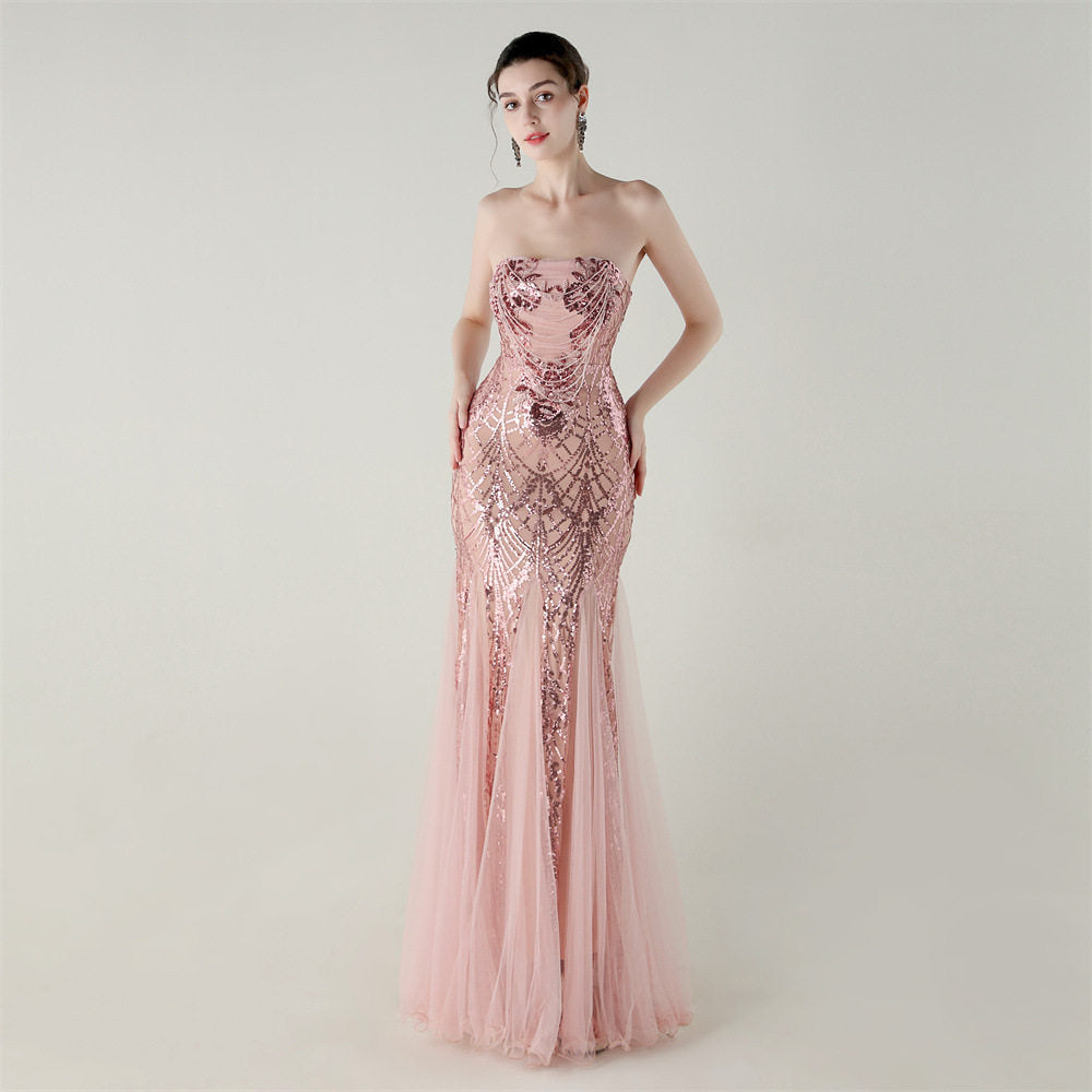 SEQUIN STRAPLESS TULLE MAXI DRESS FOR PARTY