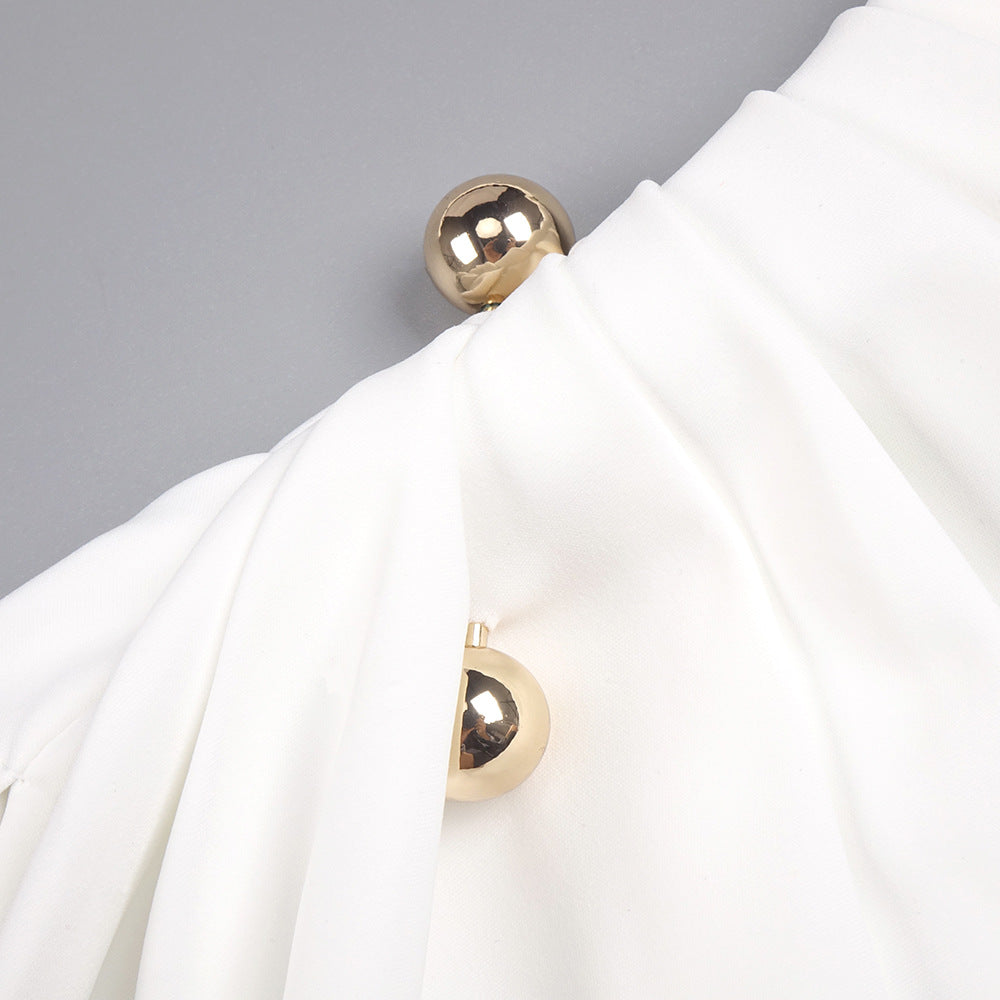 RITA METALLIC MAXI DRESS, LONG SLEEVE, HIGH SLIT, WHITE