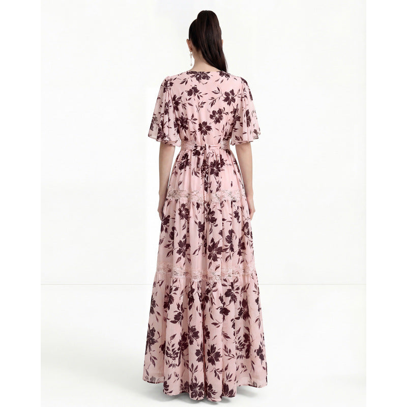V-NECK LACE TRIM PRINTED MAXI DRESS PINK