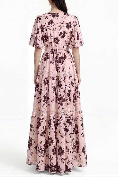 V-NECK LACE TRIM PRINTED MAXI DRESS PINK