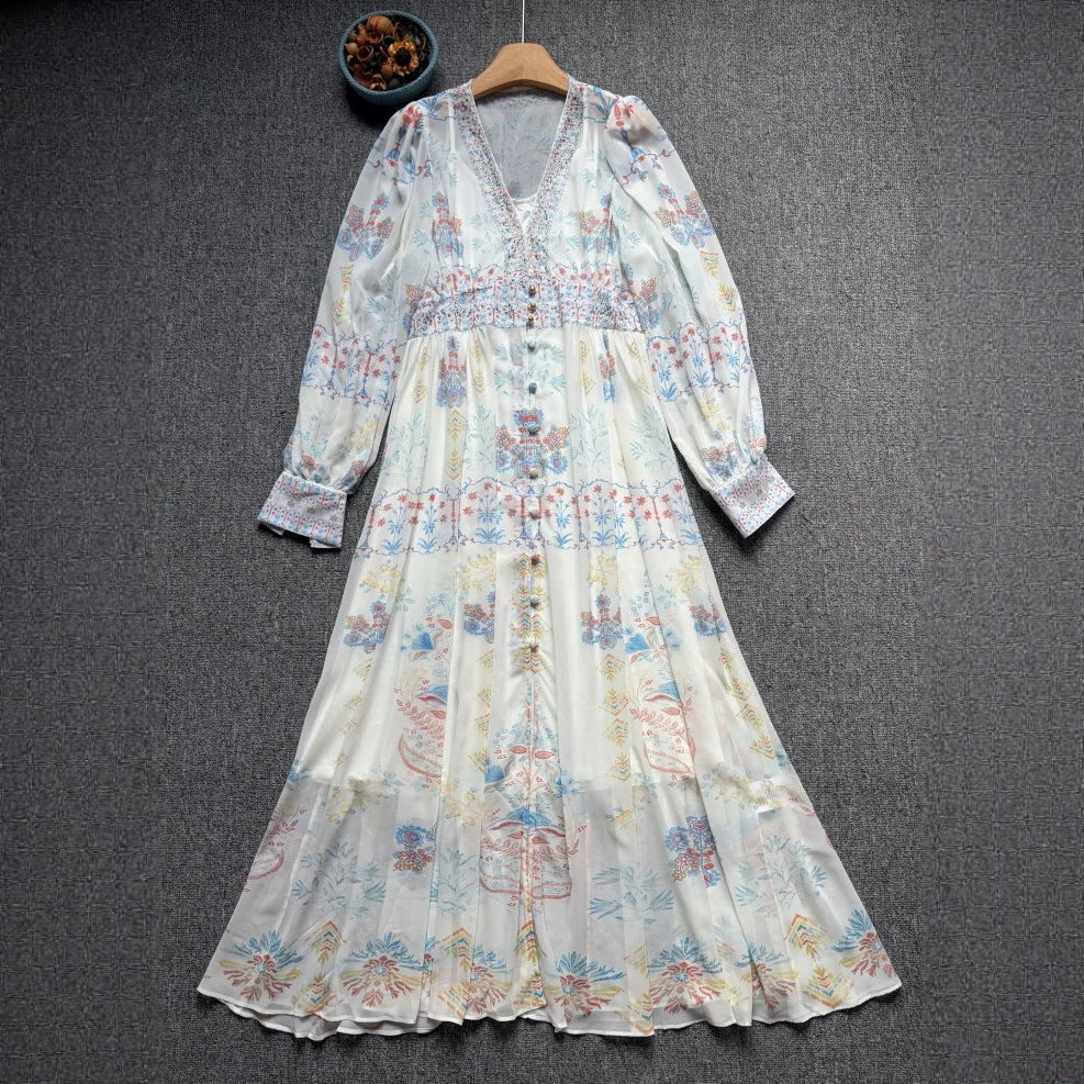 LESLEY PRINTED V-NECK LANTERN SLEEVE SLIT MAXI DRESS - BLUE