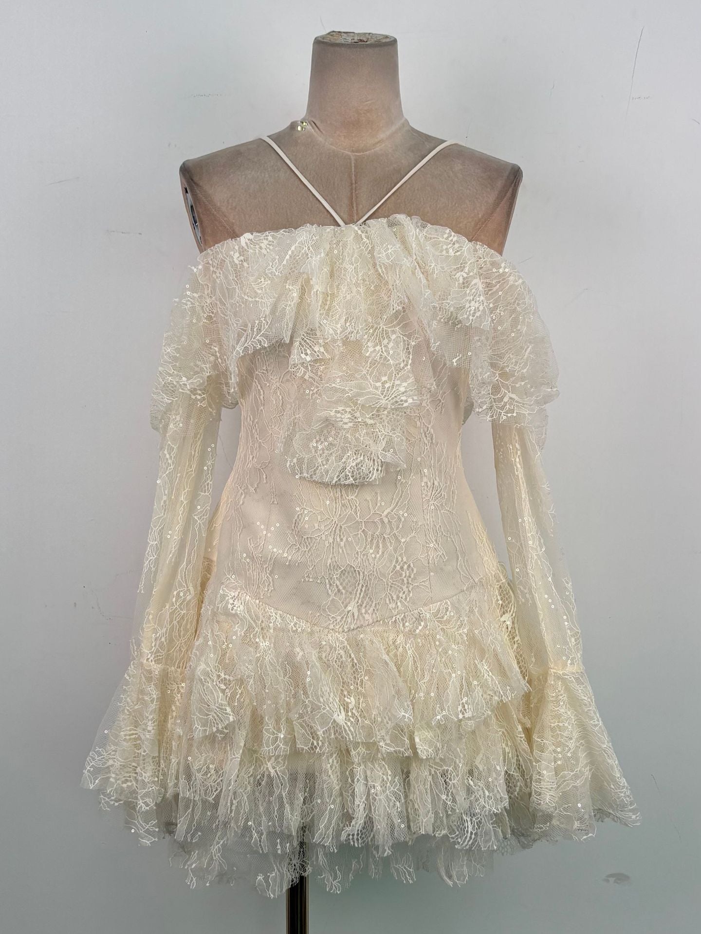 ELISHA OFF-SHOULDER LACE RUFFLE MINI DRESS