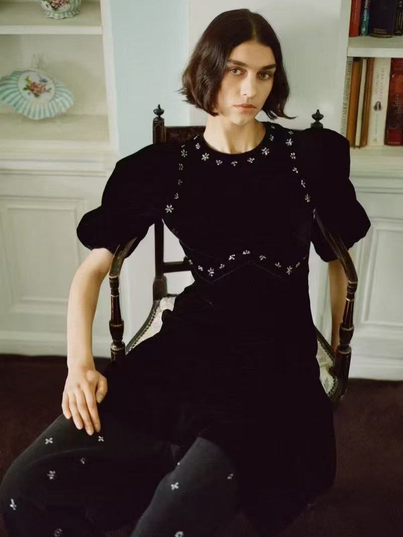 CRYSTAL PUFF MIDI DRESS BLACK, EVENING