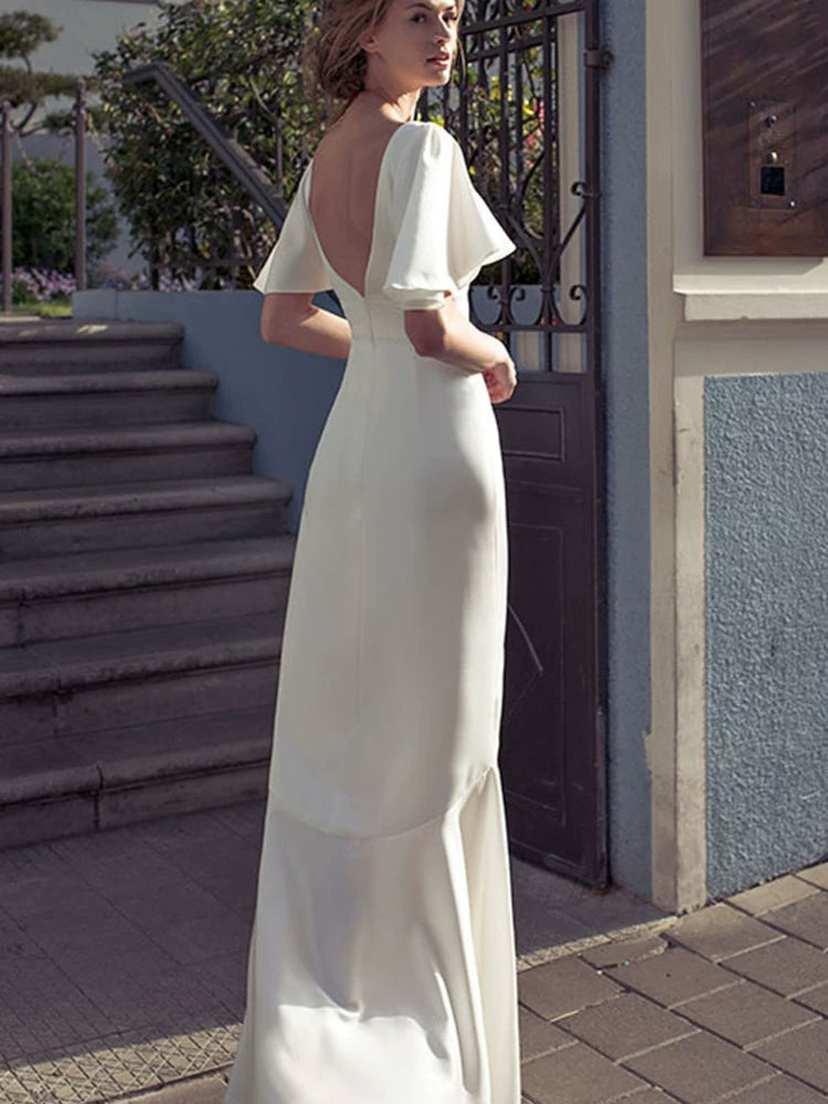 WHITE SATIN BACKLESS DRESS, FLARED SLEEVES V-NECK
