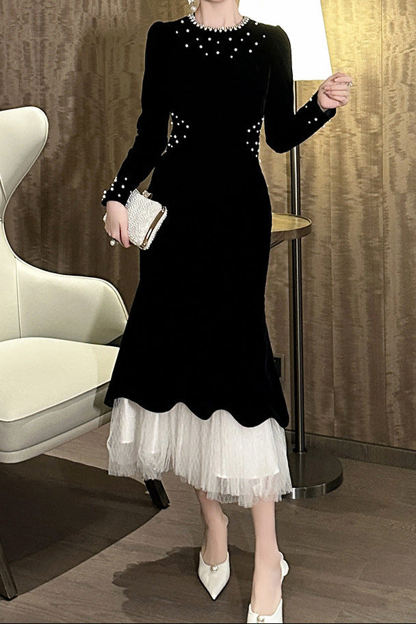 ZONA BLACK BEADED VELVET FISHTAIL MAXI DRESS