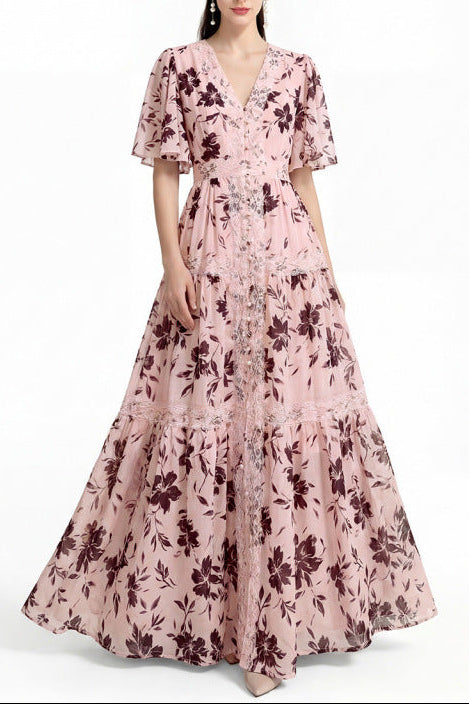 V-NECK LACE TRIM PRINTED MAXI DRESS PINK