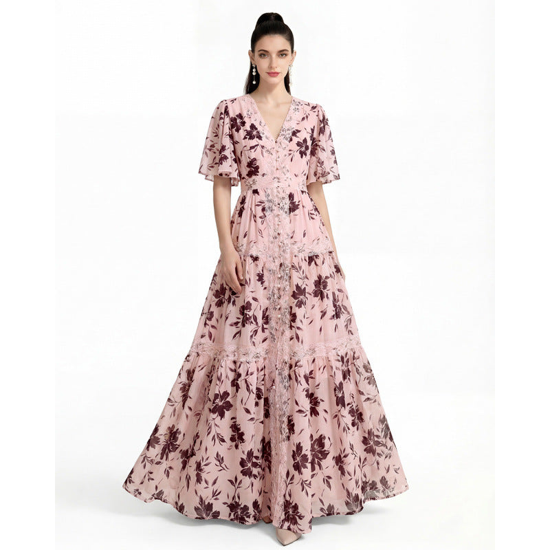 V-NECK LACE TRIM PRINTED MAXI DRESS PINK