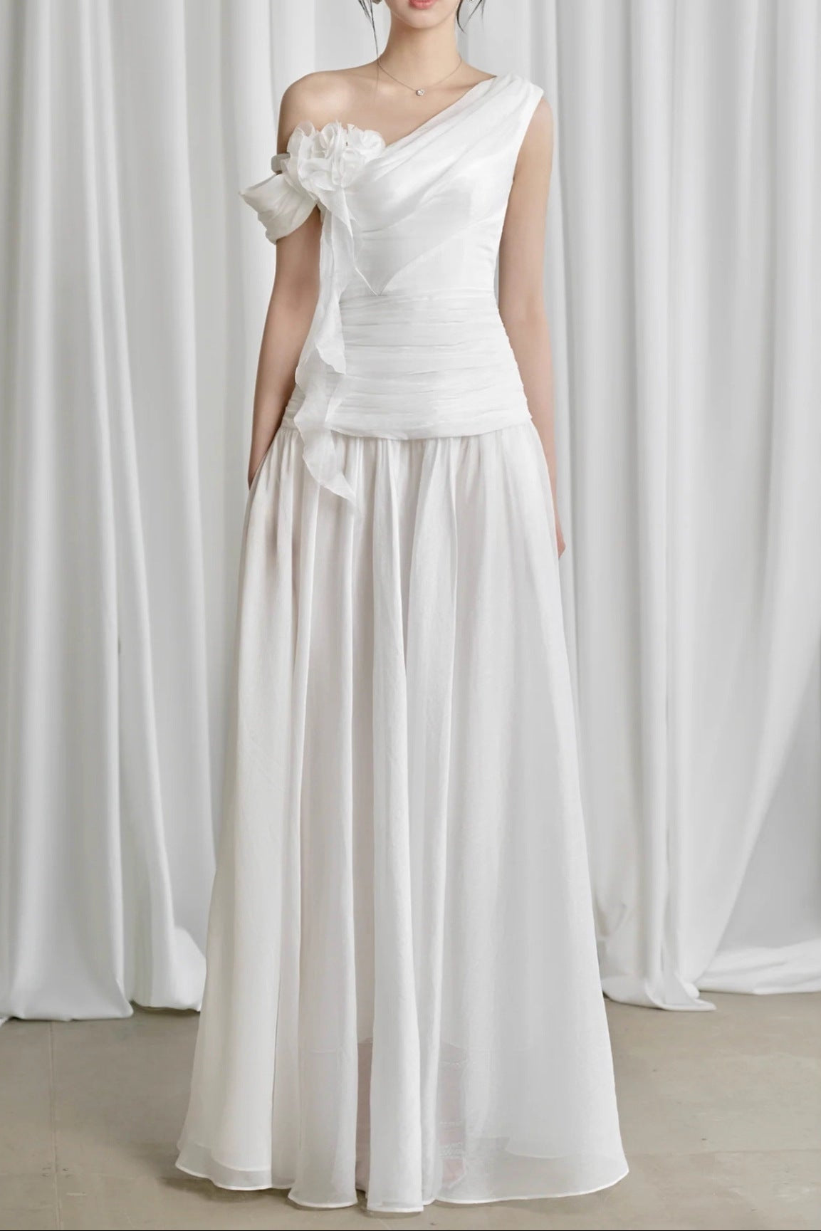 ONE-SHOULDER 3D FLOWER RUCHED MAXI DRESS