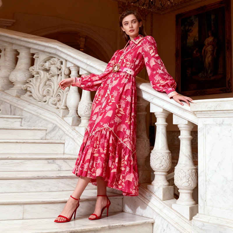 PHOENIX RED FLORAL BELTED MAXI DRESS