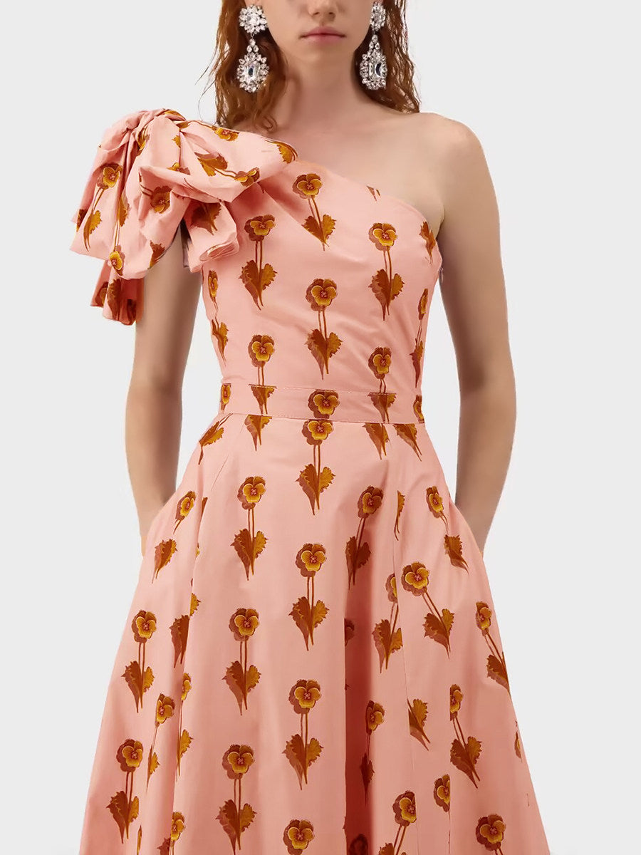PINK BOW PRINT SLANTED SHOULDER DRESS