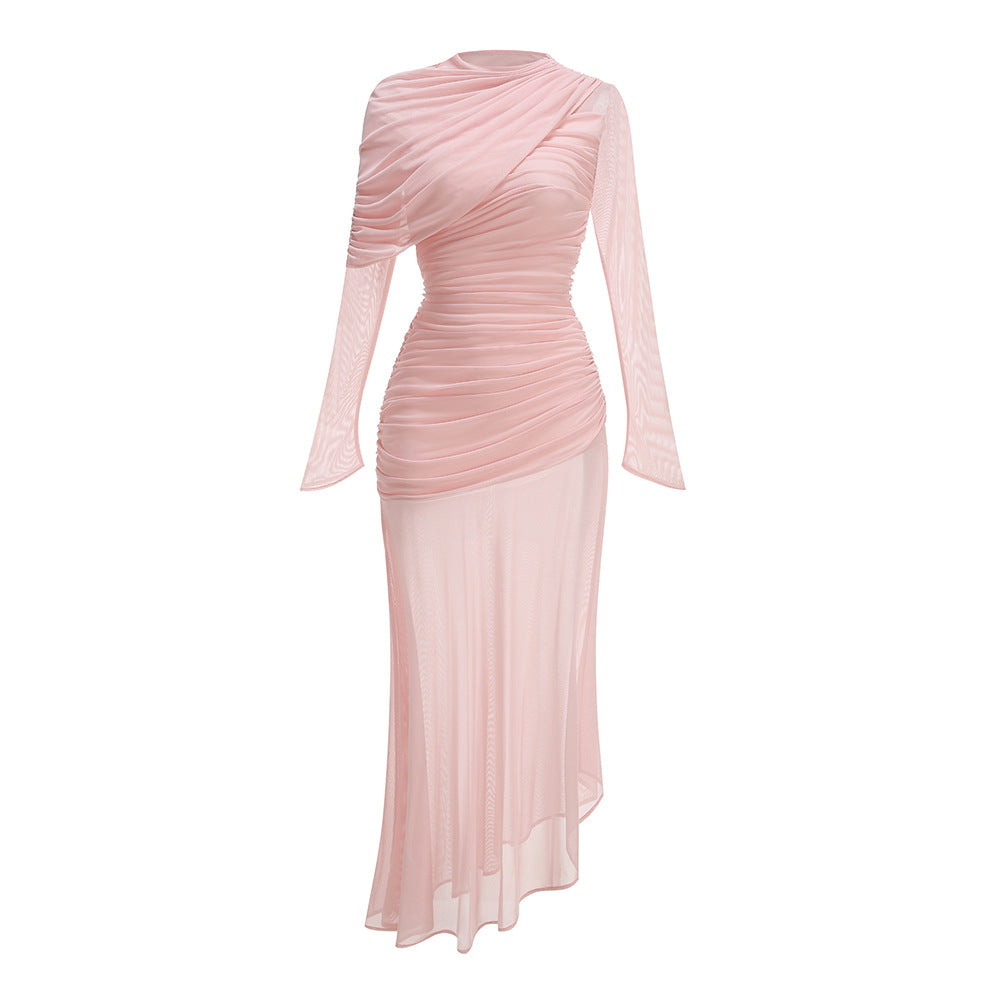 HIGH-NECK PLEATED MESH MAXI DRESS, PINK