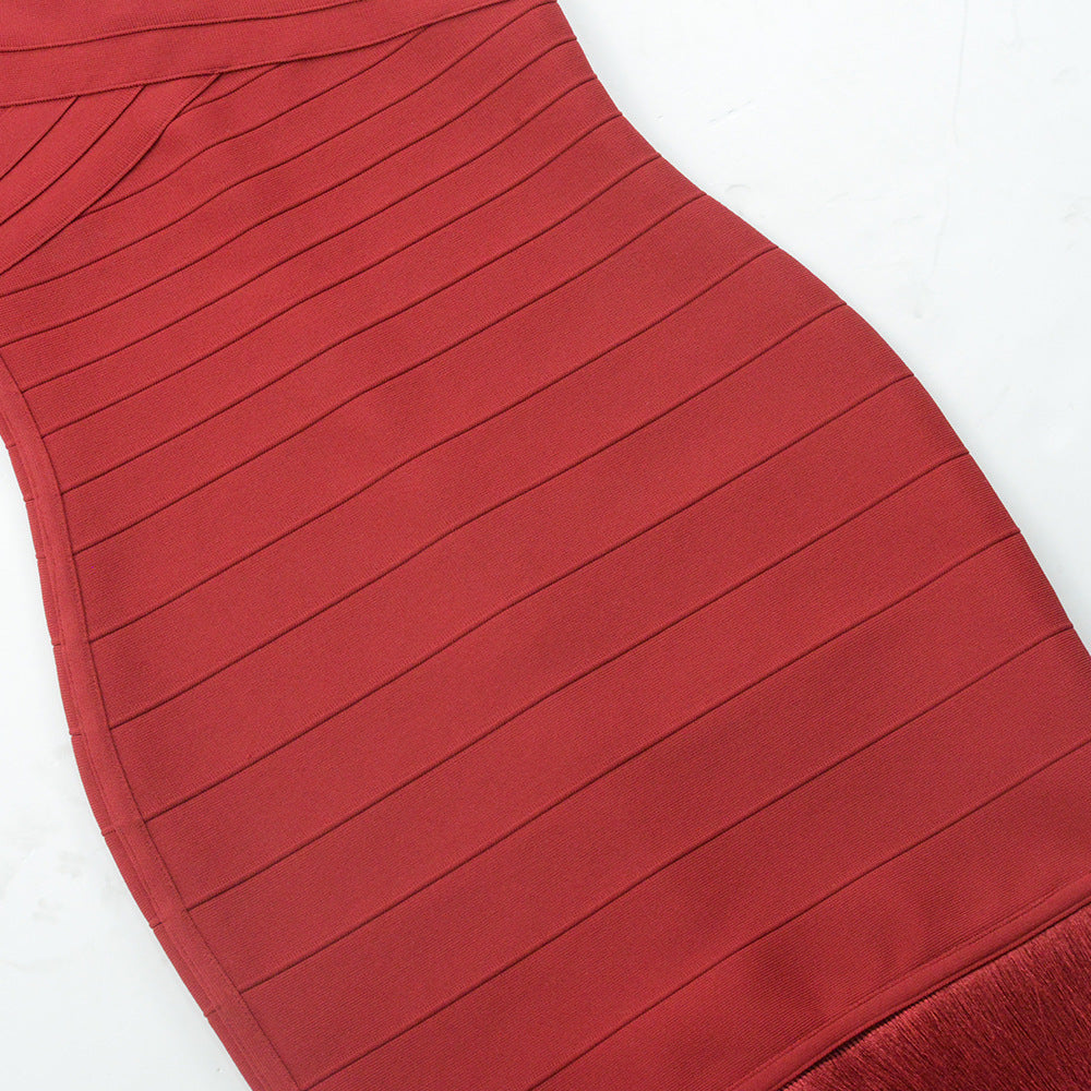 TASSEL LACE BODYCON MIDI DRESS BURGUNDY