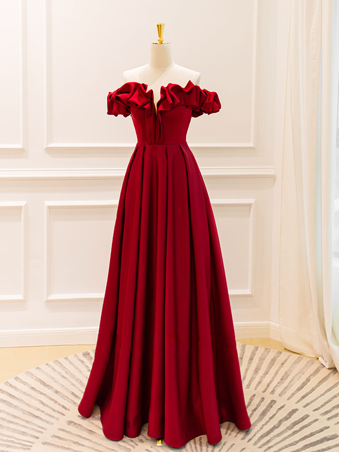 A-LINE OFF-SHOULDER BURGUNDY SATIN COCKTAIL DRESS