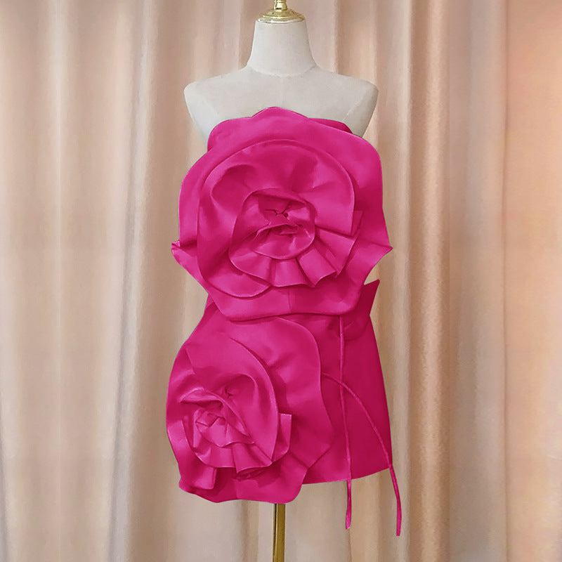 STRAPLESS HOT PINK FLOWER MINI DRESS FOR PARTY