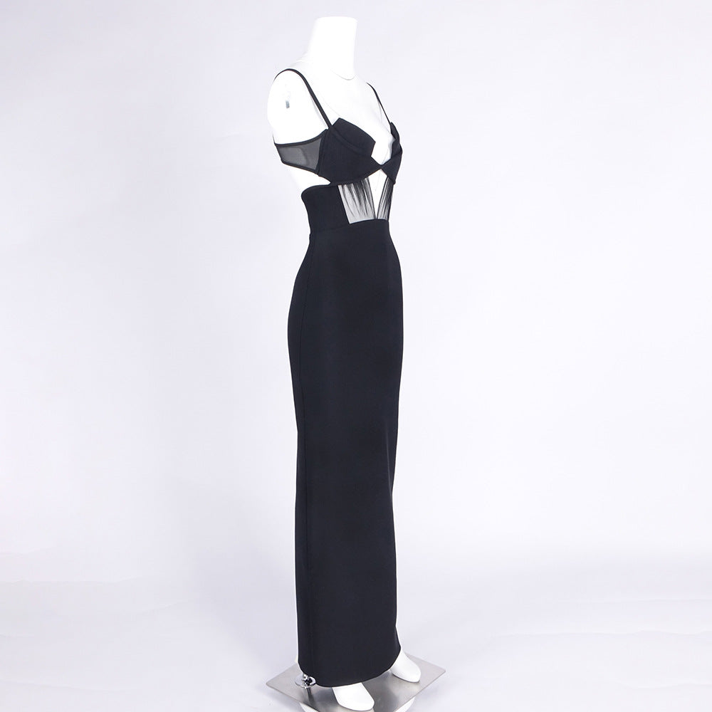 SLIT BACK BANDAGE MAXI DRESS, BLACK COCKTAIL