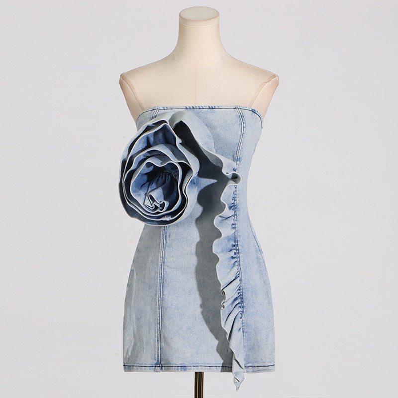 ALISON BLUE RUFFLED STRAPLESS DENIM MINI DRESS