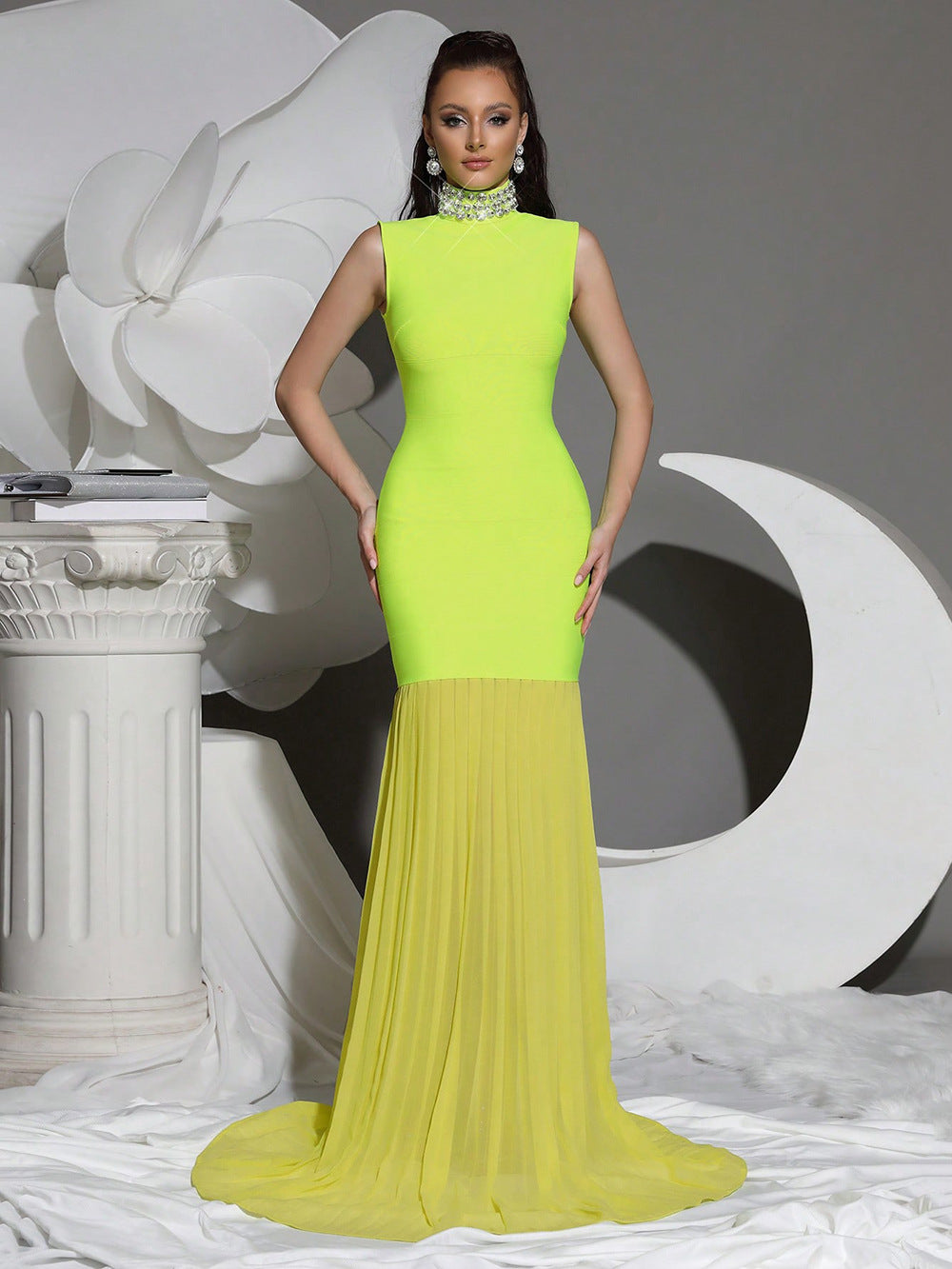 GREEN MESH DIAMOND BANDAGE HIGH COLLAR MAXI DRESS
