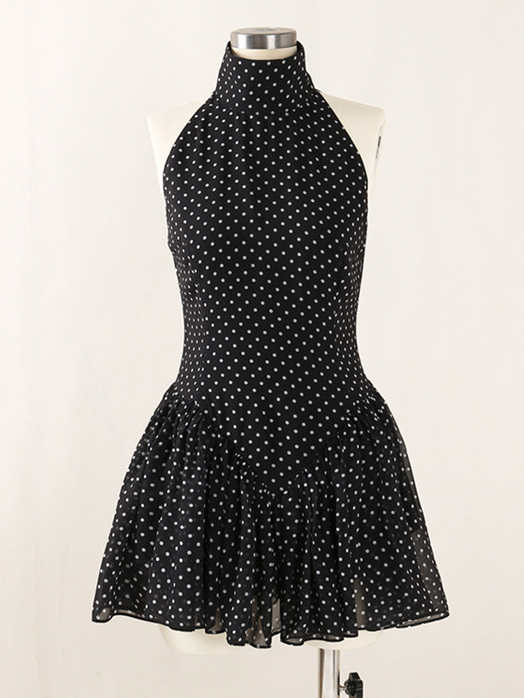 BLACK POLKA SILK CHIFFON HALTER MINI DRESS