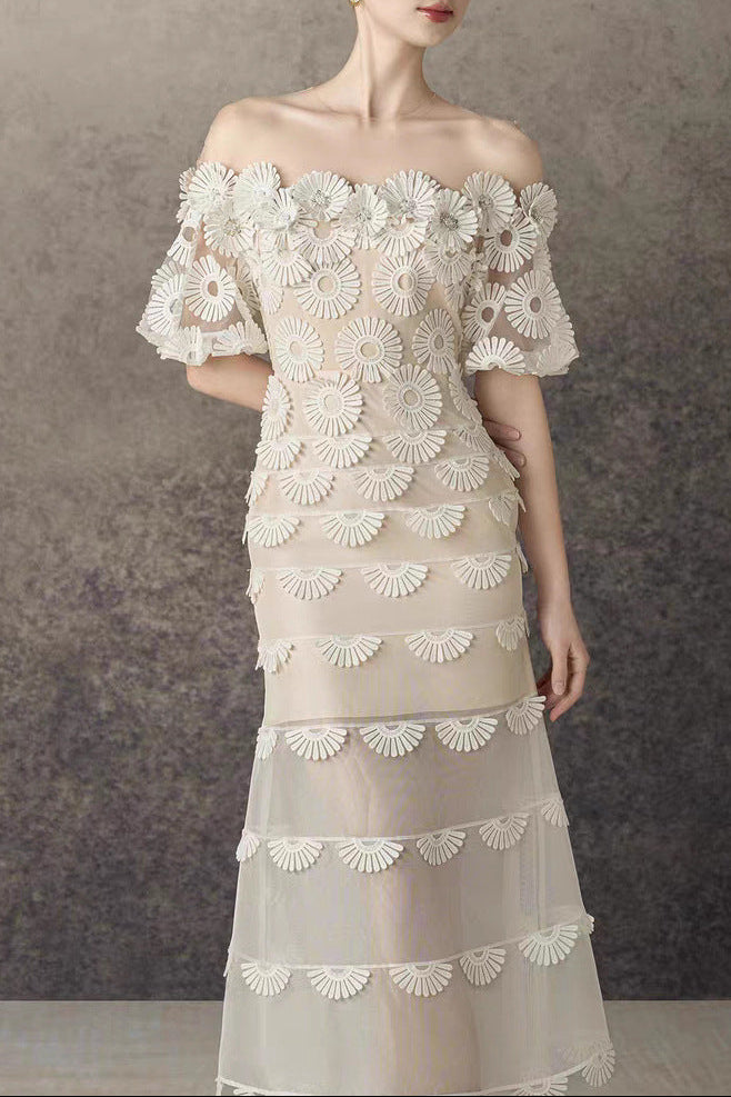 OFF-SHOULDER LACE TIERED MIDI DRESS