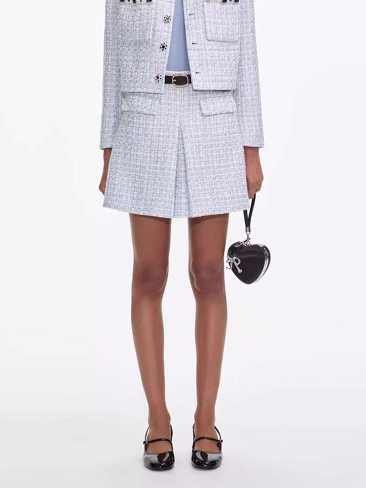 ZENOBIA PALE BLUE TWEED MINI SKIRT FOR COCKTAIL PARTY