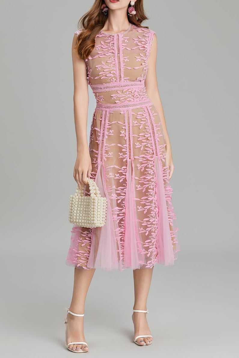 PHOENIX 3D LACE MIDI DRESS IN PINK