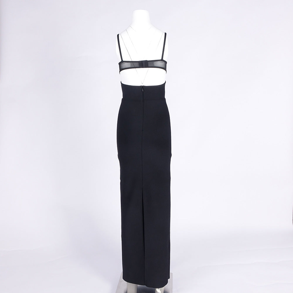 SLIT BACK BANDAGE MAXI DRESS, BLACK COCKTAIL