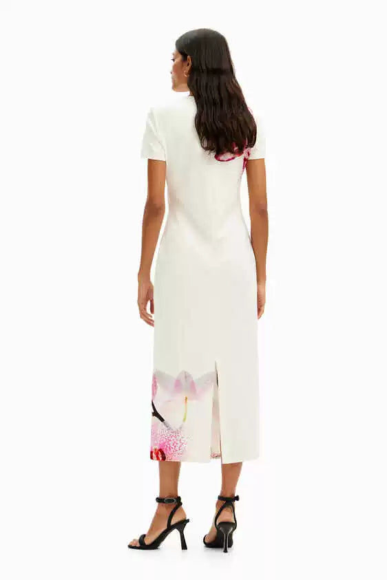 ORCHID PRINT BACK SLIT SLIM MIDI DRESS