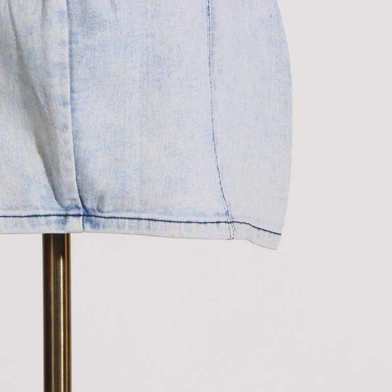 ALISON BLUE RUFFLED STRAPLESS DENIM MINI DRESS