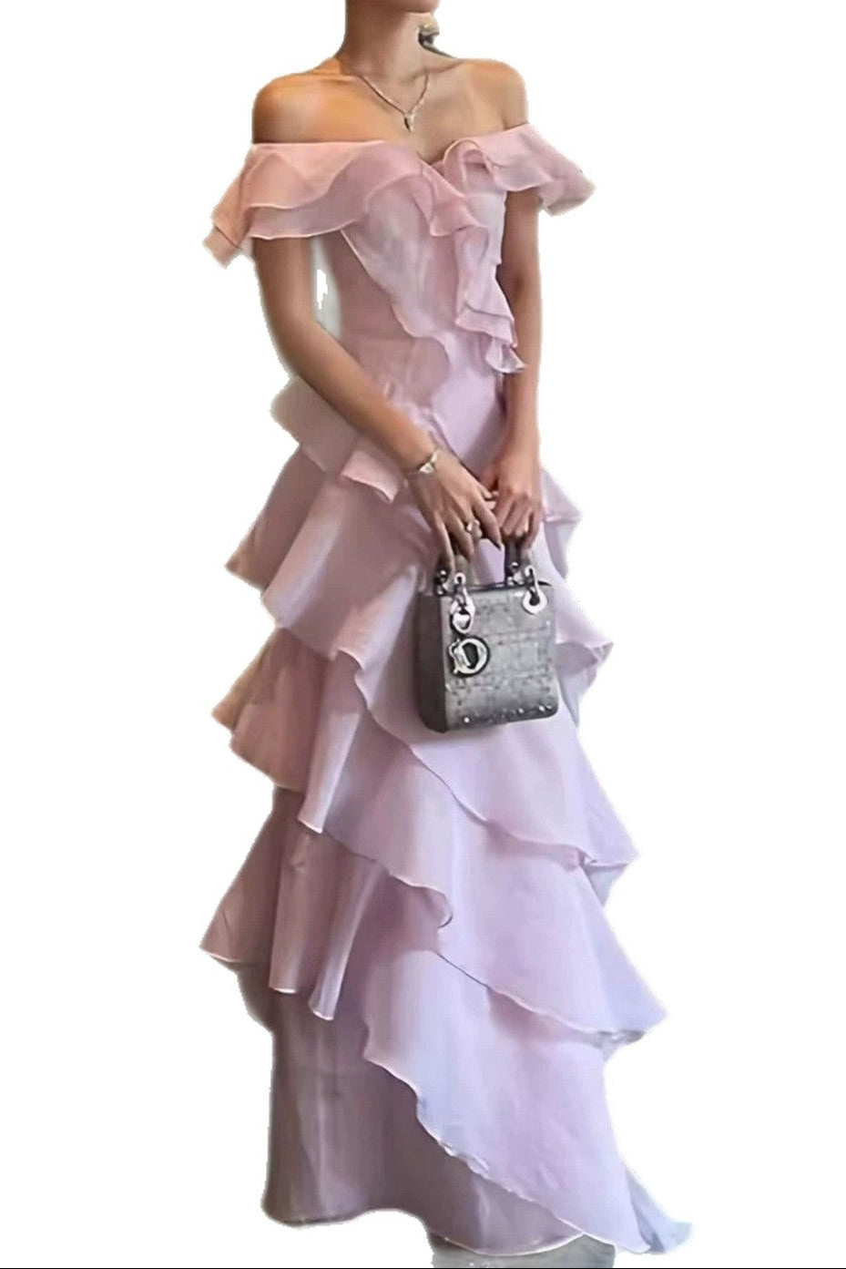 OFF SHOULDER RUFFLE CHIFFON MAXI EVENING GOWN