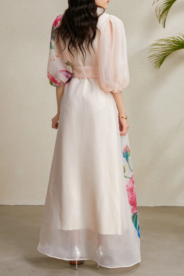SINGLE-BREASTED FLORAL PUFF SLEEVE MAXI DRESS IN APRICOT